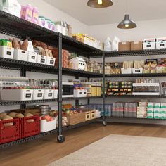 a large pantry with lots of food and drinks on shelves next to a white rug