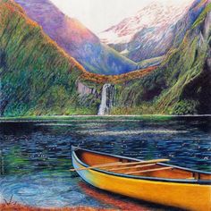 a drawing of a yellow boat on the water with mountains in the background and a waterfall