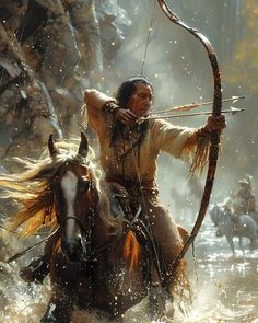 a man on a horse holding a bow and arrow in the water with other men behind him