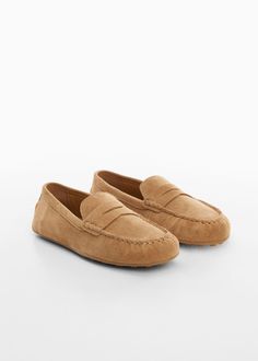 Suede leather moccasin -  Women | Mango USA Feather Coat, Moccasins Women, Leather Shopper Bag, Leather Loafers Women, Denim Heels, Leather Moccasins, Leather Flat Shoes, Studded Leather, Shopper Bag