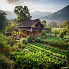 a house in the middle of a lush green field with mountains in the back ground