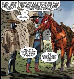 a comic strip with two men and a horse talking to each other, one man wearing a cowboy hat