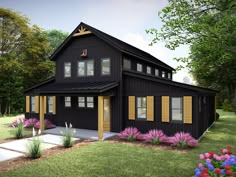 a black house with yellow shutters on the front and side windows is surrounded by colorful flowers