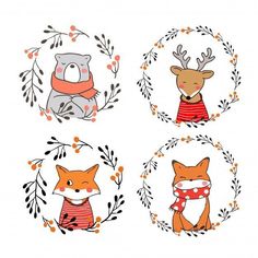 four hand drawn animals with wreaths around them