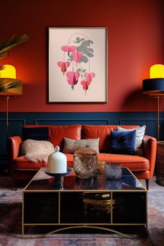 a living room with red walls and blue carpeted flooring, an orange couch is flanked by a black coffee table