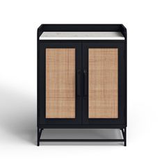 an image of a cabinet that is black and brown with white accents on the doors