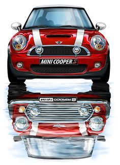 the front and side view of a red mini cooper