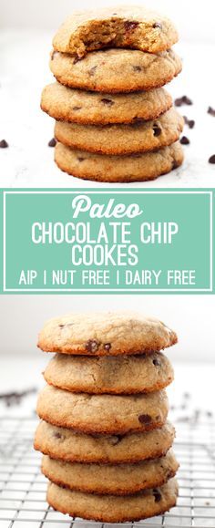 chocolate chip cookies stacked on top of each other with text overlay that reads pale chocolate chip cookies