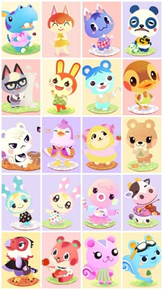 an image of many cartoon animals in different colors and sizes, all with different expressions