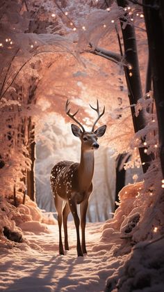 a deer standing in the middle of a snow covered forest with lights on its antlers