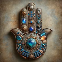 a hamsa hanging on the wall with blue stones and jewels in it's center