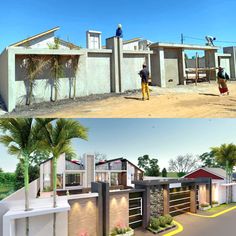 two pictures side by side one shows a house and the other shows people working on it