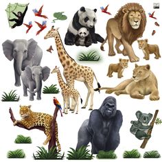 an image of animals that are in the wild on a white background with green plants