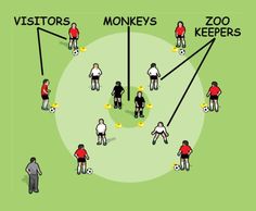 a soccer field with several players on it and the words visitors, monkeys, zoo keepers