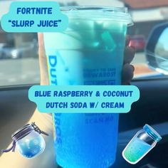 blue raspberry and coconut drink in the car