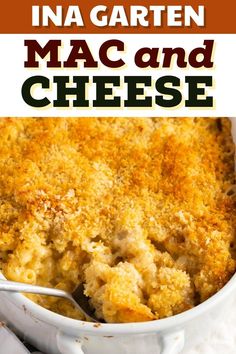 macaroni and cheese casserole in a white dish with text overlay