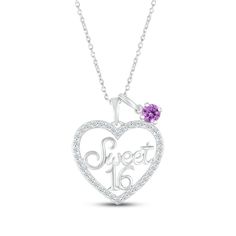 Make her 16th birthday even sweeter with this gorgeous necklace. A vibrant amethyst, the birthstone of February, dangles alongside a heart with "Sweet 16" crafted in a cheerful font. White lab-created sapphires trace the pendant, adding eye-catching sparkle to the sterling silver necklace. The 18-inch cable chain secures with a lobster clasp. Sweet 16 Necklaces, 16 Necklace, Sweet 16 Ideas, White Lab, 16th Birthday, Gorgeous Necklaces, Necklace Sterling Silver, Sterling Silver Necklace, Cable Chain