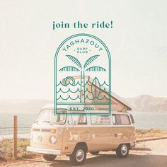 a van parked on the side of a road next to the ocean with a sign that says join the ride