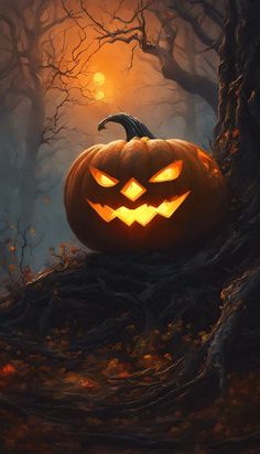 a jack o lantern pumpkin sitting on top of a tree