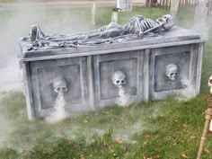 an outdoor cemetery with skeletons in the grass