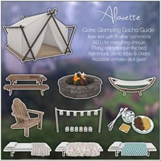 an advertisement for a camper's guide with furniture and accessories around the campfire