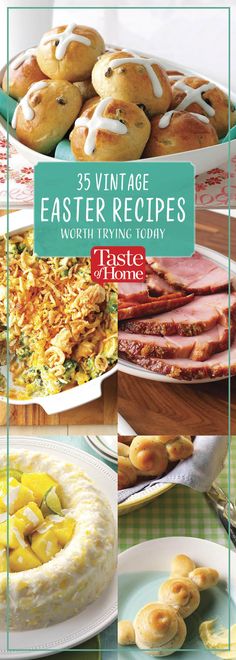 the cover of 25 vintage easter recipes with images of eggs, hams and other pastries