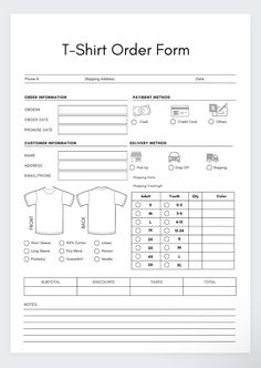 the t - shirt order form is shown in black and white, as well as other items