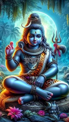 the hindu god sitting in front of a full moon with his hands up and eyes closed