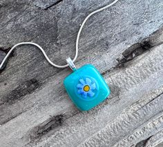 Fused Glass Pendant Necklace - Teal Glass with Periwinkle Blue Italian Millefiori Glass Flower Center - Handmade Jewelry - Handmade Pendant Teal Glass, Flower Center, Christmas Gifts For Girls