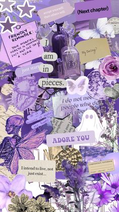 a collage of purple and white flowers with words written on the bottom right corner