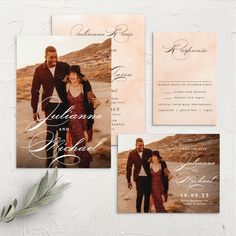 the wedding stationery is displayed on a white background