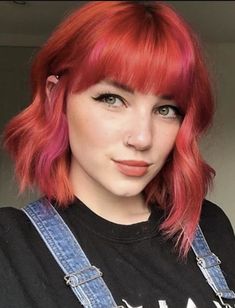 Short Red And Pink Hair, Colourful Bob Hair, Red Bob With Bangs, Bangs Inspiration, Orange Bob, Orange Hair Color, Bangs Cut, Red Hair With Bangs, Red Hair Looks