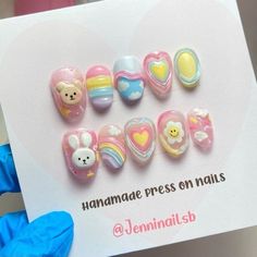 Kawaii Spring Nails, Emily Susanah Nails, Cute Fake Nails Designs, Japan Nail Art Kawaii, Cute 3d Nail Designs, 3d Kawaii Nails, 2d Nail Art Design, Nail Press On Designs, Nail 3d Designs