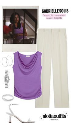 Gabrielle Solis inspired outfit featuring a cowl neck purple top, tailored trousers, high heels, and statement jewelry Gabby Solis, 2000’s Outfit, Luxurious Outfits, Daily Dress Me, Bella Hadid Outfits, Virtual Stylist, Glamorous Style