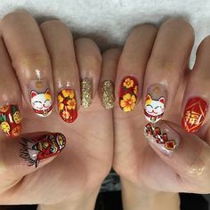 Vietnamese New Year Nails, Chinese New Year Dragon Nails, Asian Nail Art, Ny Nails, Year Nails, Purple Ombre Nails, Red Nails Glitter