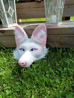 a white mask with pink ears and blue eyes sits in the grass next to a wooden bench