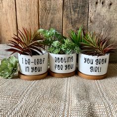 three planters with plants in them that say i do - leaf, you grow in you