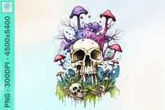 an image of a skull with mushrooms on it's head and watercolor paint splatters