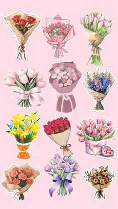 a bunch of flowers that are on a pink background