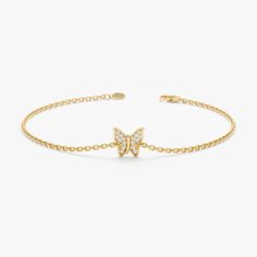 - Diamond Butterfly Chain Bracelet crafted in 14k solid gold, featuring a delicate butterfly charm. - Adorned with sparkling diamonds, this dainty bracelet adds a touch of elegance and whimsy. - Perfect for brides or as a Halloween gift, this charming piece makes a beautiful and meaningful addition to any jewelry collection. * SKU- SABR 814 𝐑𝐞𝐭𝐮𝐫𝐧 𝐏𝐨𝐥𝐢𝐜𝐲 100% Satisfaction Guaranteed & Hassle-Free Return. You will get 𝐟𝐮𝐥𝐥 𝐫𝐞𝐟𝐮𝐧𝐝 or 𝐞𝐱𝐜𝐡𝐚𝐧𝐠𝐞 within 𝟑𝟎 𝐝𝐚𝐲𝐬 of y Elegant Yellow Gold Bracelet With Butterfly Charm, Butterfly Chain Bracelet, Jewellery Styling, Butterfly Charm Bracelet, Delicate Butterfly, Diamond Butterfly, Bracelet Dainty, Bracelets Gold Diamond, Butterfly Bracelet