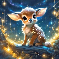 a little deer sitting on top of a tree branch with stars in the sky behind it