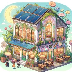 an illustration of a house with solar panels on it's roof and people standing outside