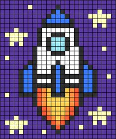 an image of a pixellated space shuttle in purple and orange colors with stars around it