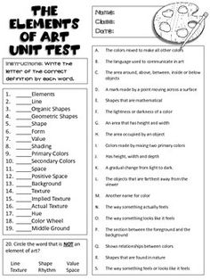 the elements of art unit test worksheet is shown in black and white text