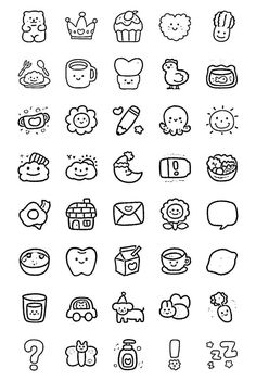 a bunch of black and white icons on a white background with the words hello kitty written in