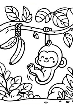 a monkey hanging from a tree branch with bananas