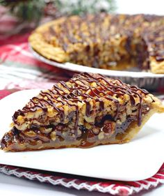 a slice of chocolate pecan pie on a plate