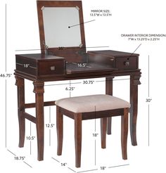 an image of a dressing table with stool and mirror on it's side measurements