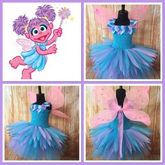 three pictures of a blue and pink fairy dress