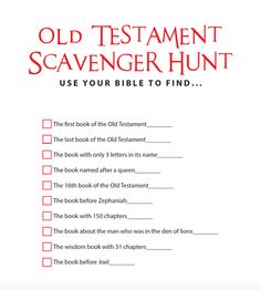 the old testament scavenger hunt is shown in red and black text on a white background